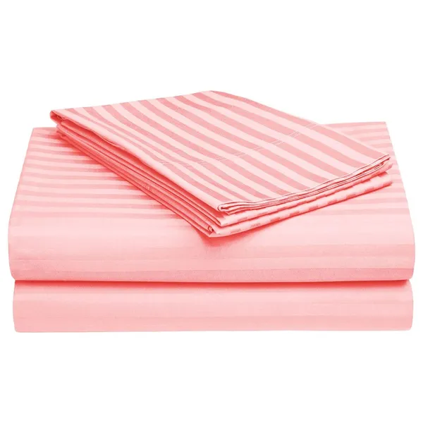 220TC_Elastic_Fitted_100%_Cotton_Feel_Stripes_King_Size_Single_Bed_Bedsheet_with_1_Pillow_Cover_(36"x78"_Upto_6"_Mattress)_Pink